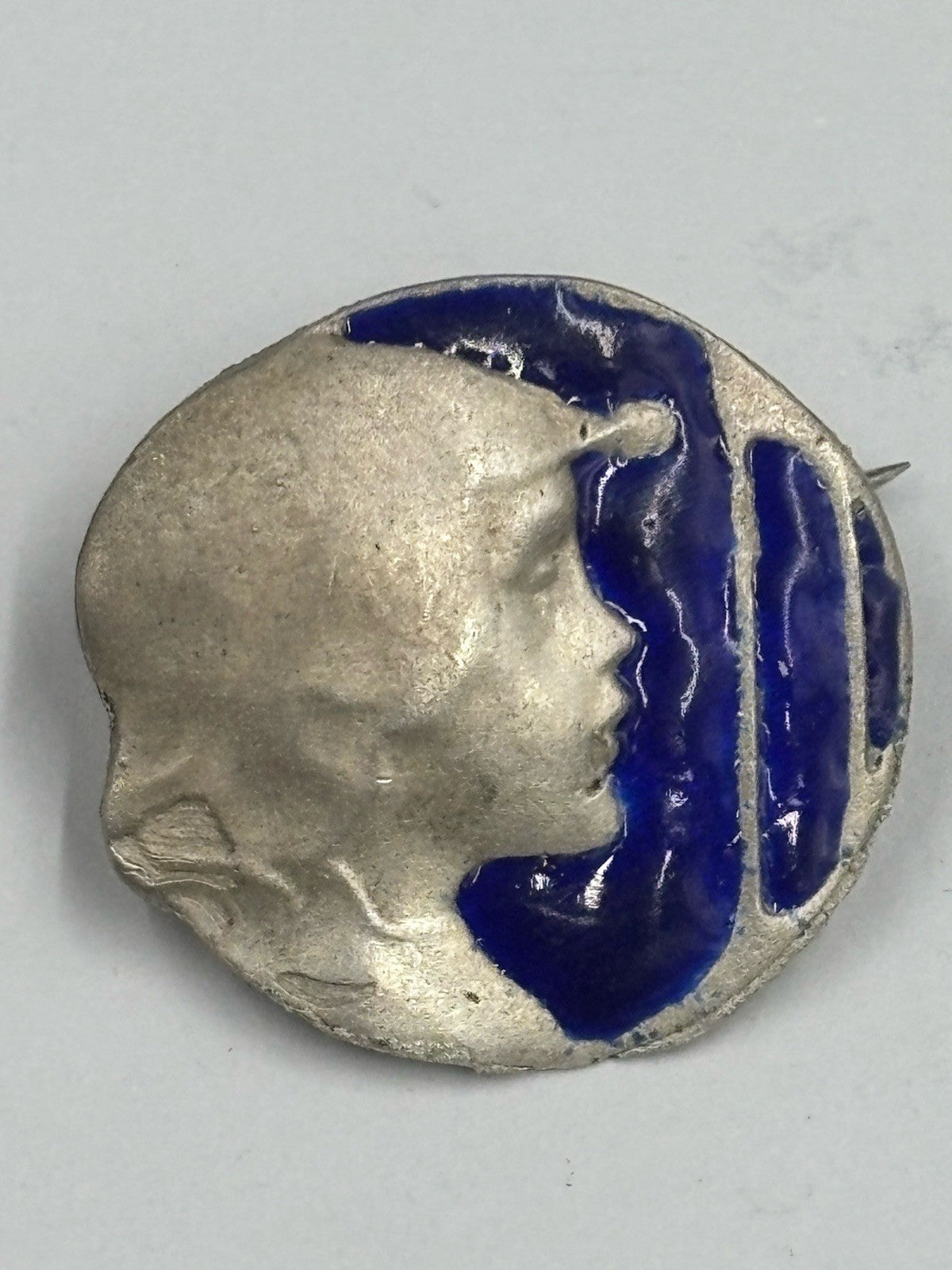 Antique Art Nouveau 800 Silver & Blue Enamel Portrait Brooch – Signed Maker