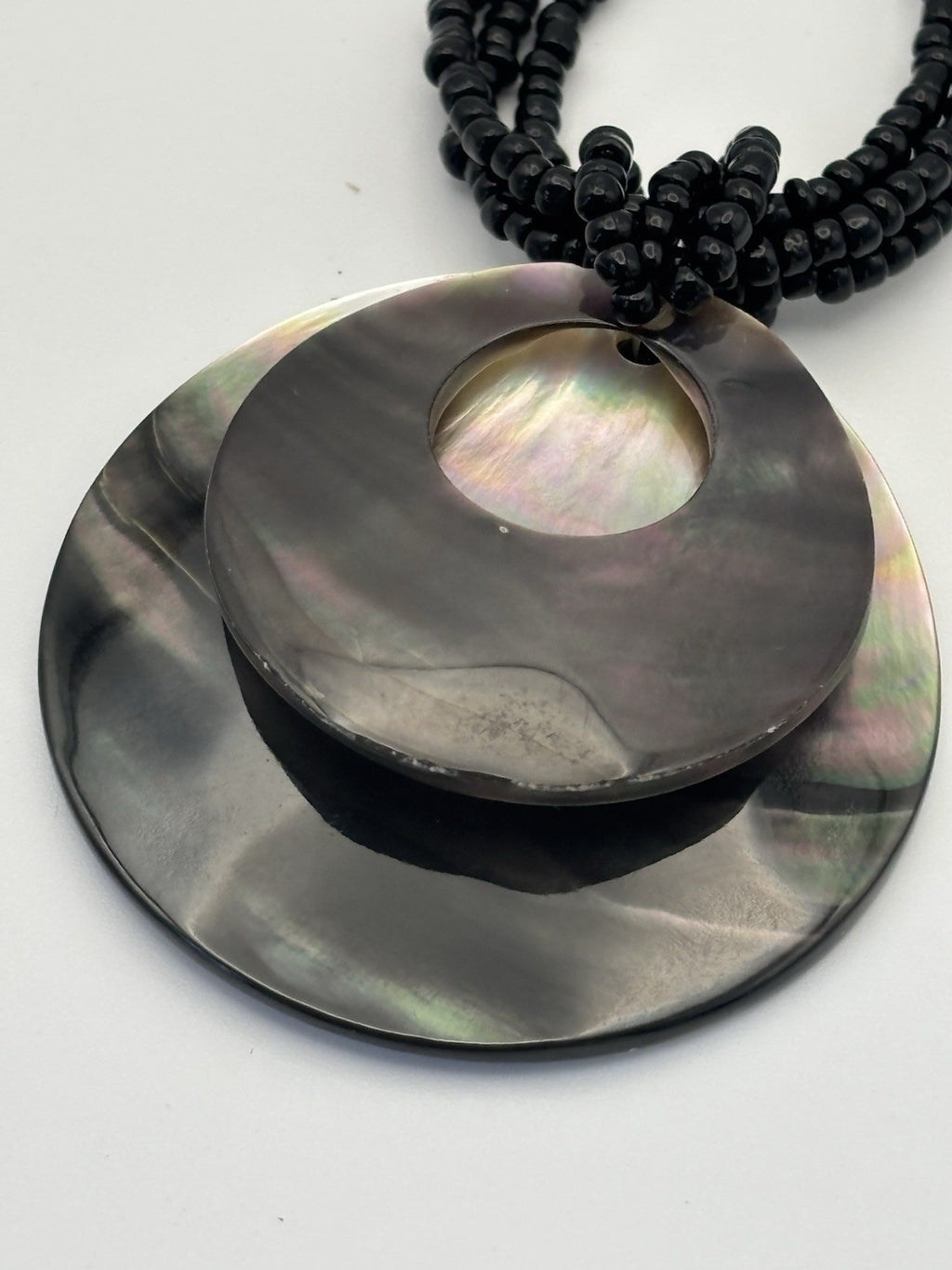 Mother of Pearl Shell Pendant Necklace – Black Beaded Multi Strand