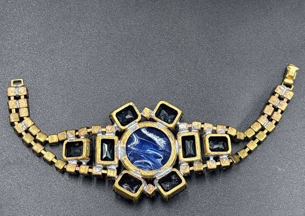 Vintage Czech Blue Glass Rhinestone Bracelet Swirled Cabochon Statement