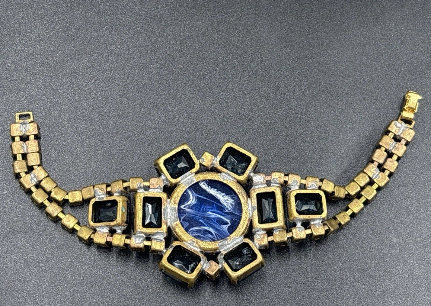 Vintage Czech Blue Glass Rhinestone Bracelet Swirled Cabochon Statement