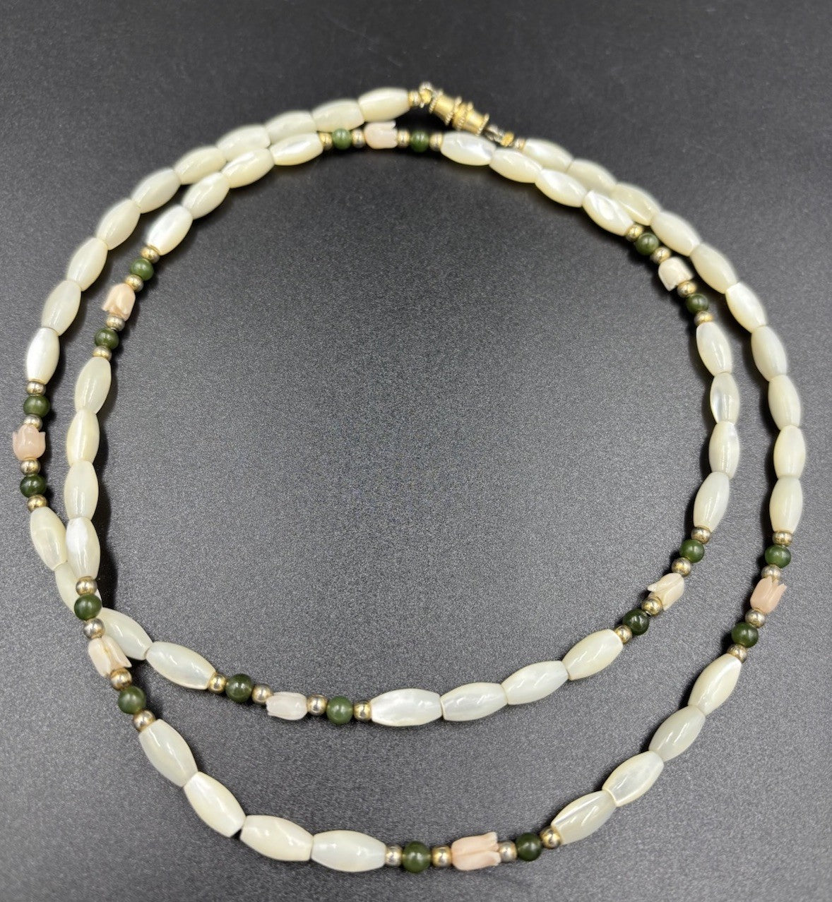 Vintage natural mother of pearl coral and jade bead necklace mixed gemstone strand