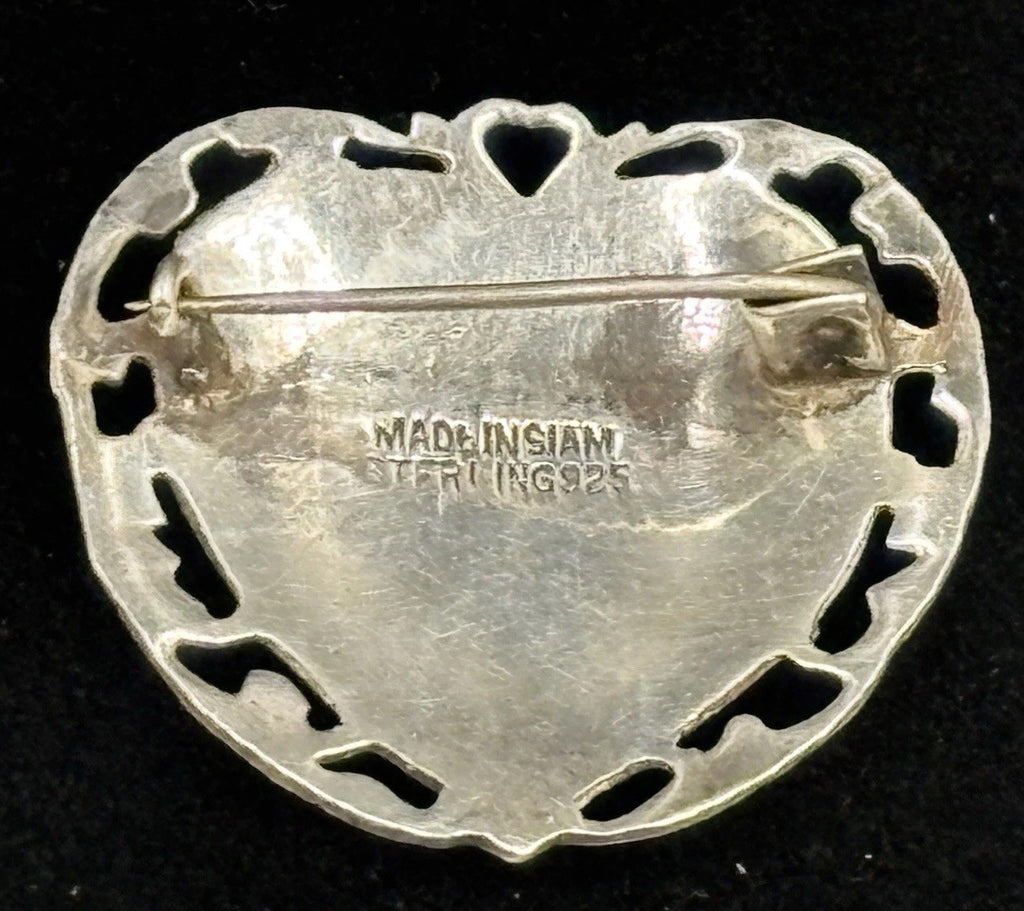 Vintage Siam Sterling Silver Niello Heart Brooch Thai Dancers 1940s