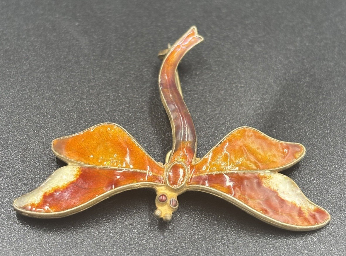Antique Silver Plique A Jour Enamel Dragonfly Brooch Pin