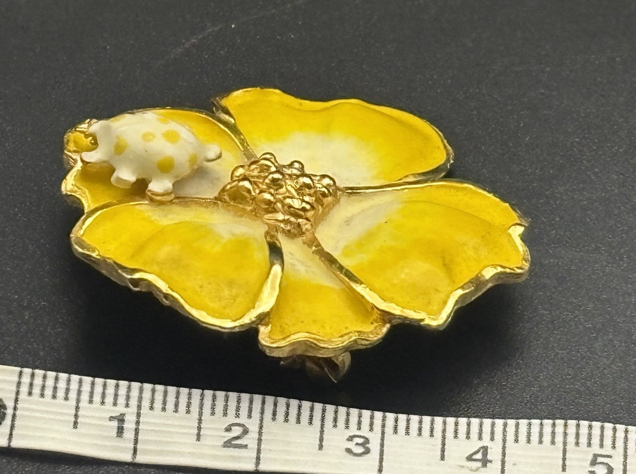 Kenneth Jay Lane KJL Rare Ladybug Pansy Brooch 22K Gold Enamel Signed