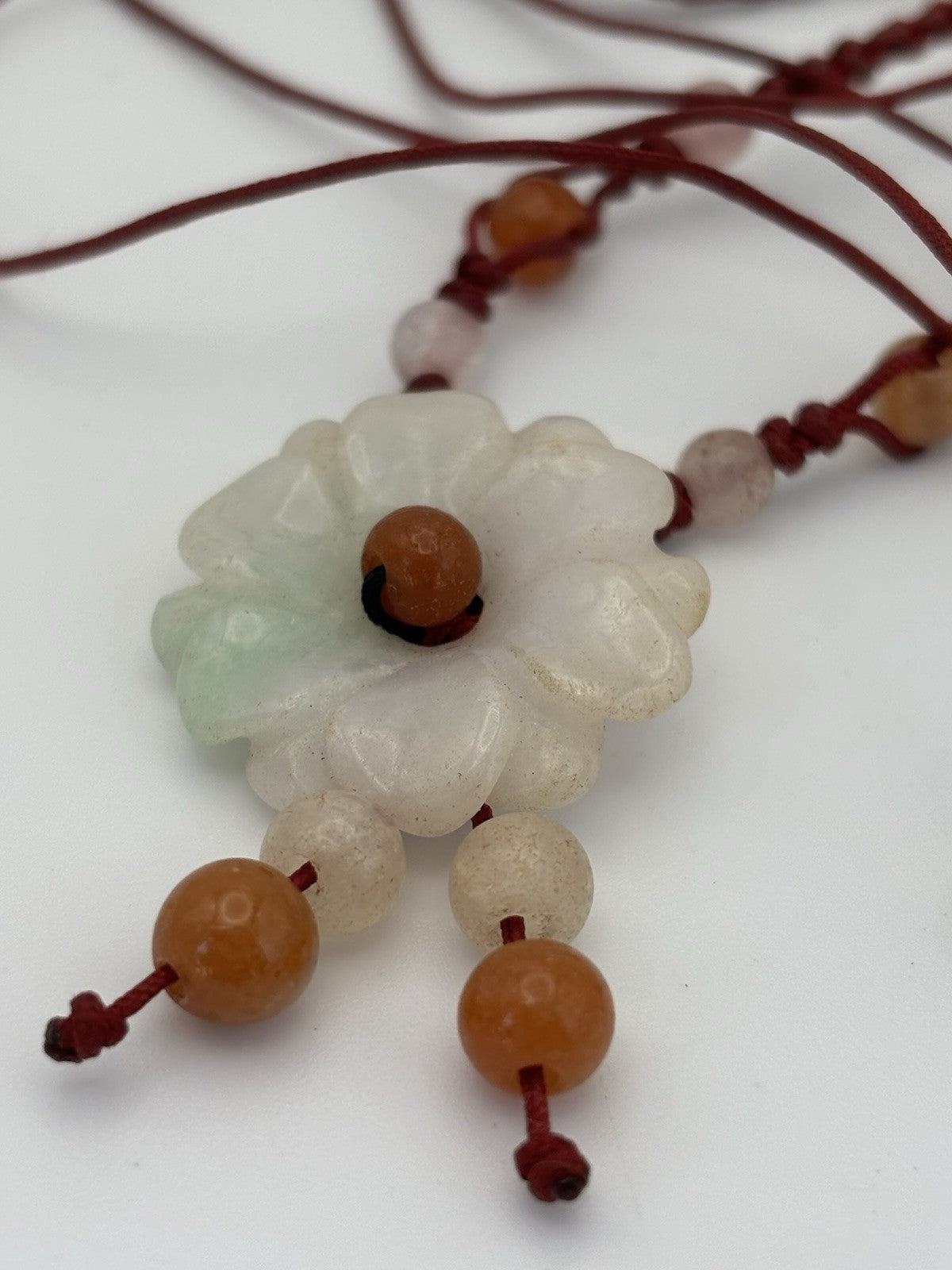 Genuine Jadeite Carved Flower Pendant Necklace Red Cord Beads