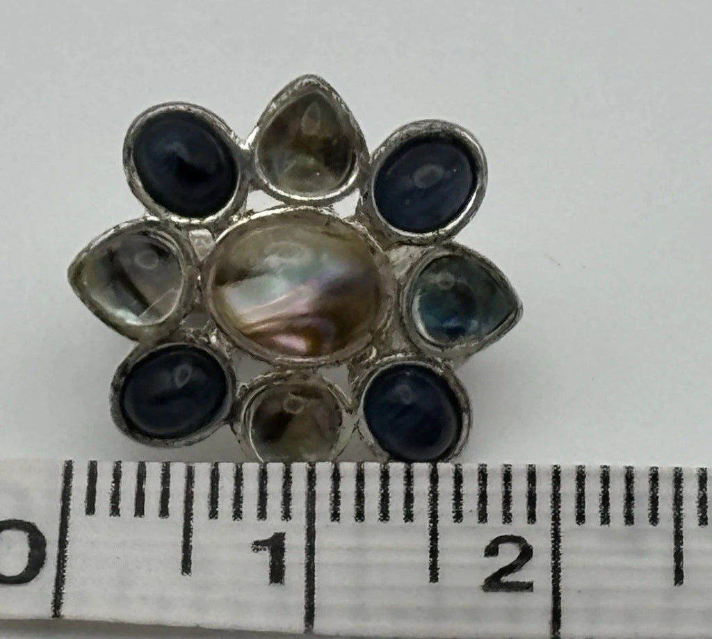 Vintage Monet Floral Clip On Earrings Silver Tone Abalone Blue Glass Signed
