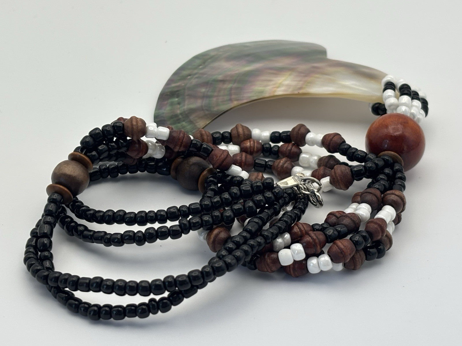 Vintage Boho Necklace Abalone Shell Pendant Beads Wood Black White Jewelry