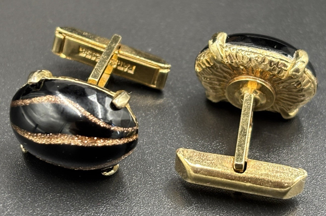 Vintage Hickok Murano Aventurine Glass Cufflinks Gold Tone Black Swirl 1950s
