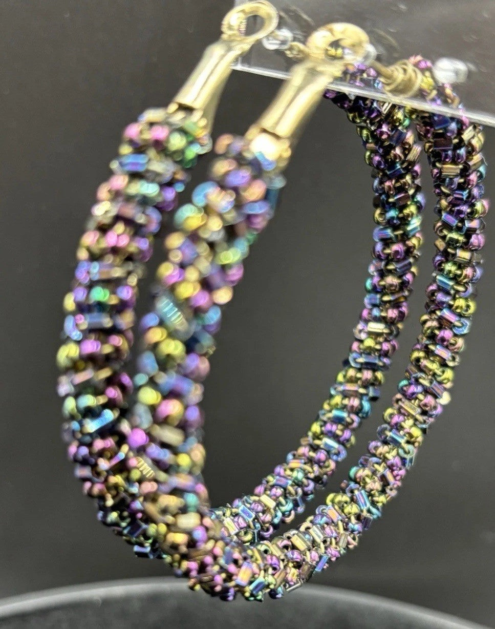 Vtg Earrings Kumihimo Beaded Peacock Earrings Large Multicoloured. ￼