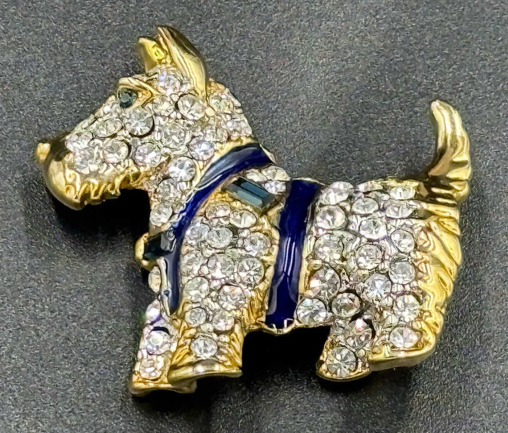 Vintage Crystal Terrier Dog Brooch Gold Tone Blue Enamel 3.5cm