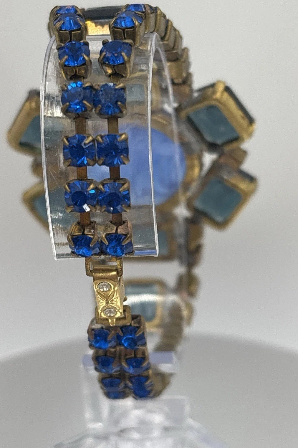 Vintage Czech Blue Glass Rhinestone Bracelet Swirled Cabochon Statement