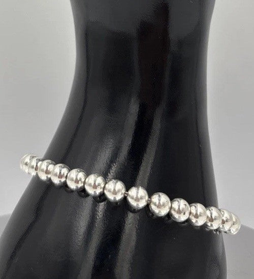 Vintage Sterling Silver Bead Bracelet with Heart Charm – 925 Ball Chain 19cm