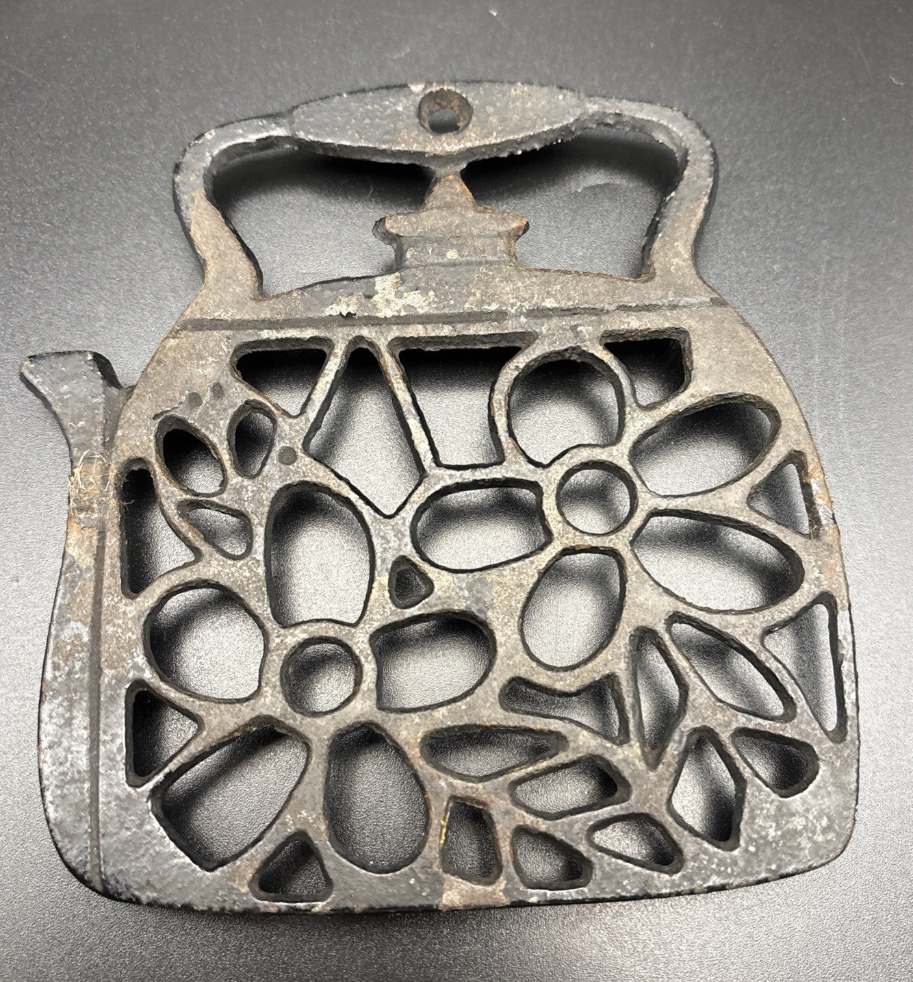 Vintage Cast Iron Teapot Trivet Floral Design Rustic Kitchen Decor