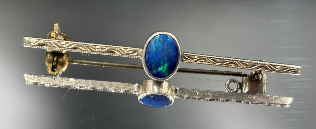 Vintage Sterling Silver Opal Bar Brooch Blue Green Fire Cabochon Mid Century Pin