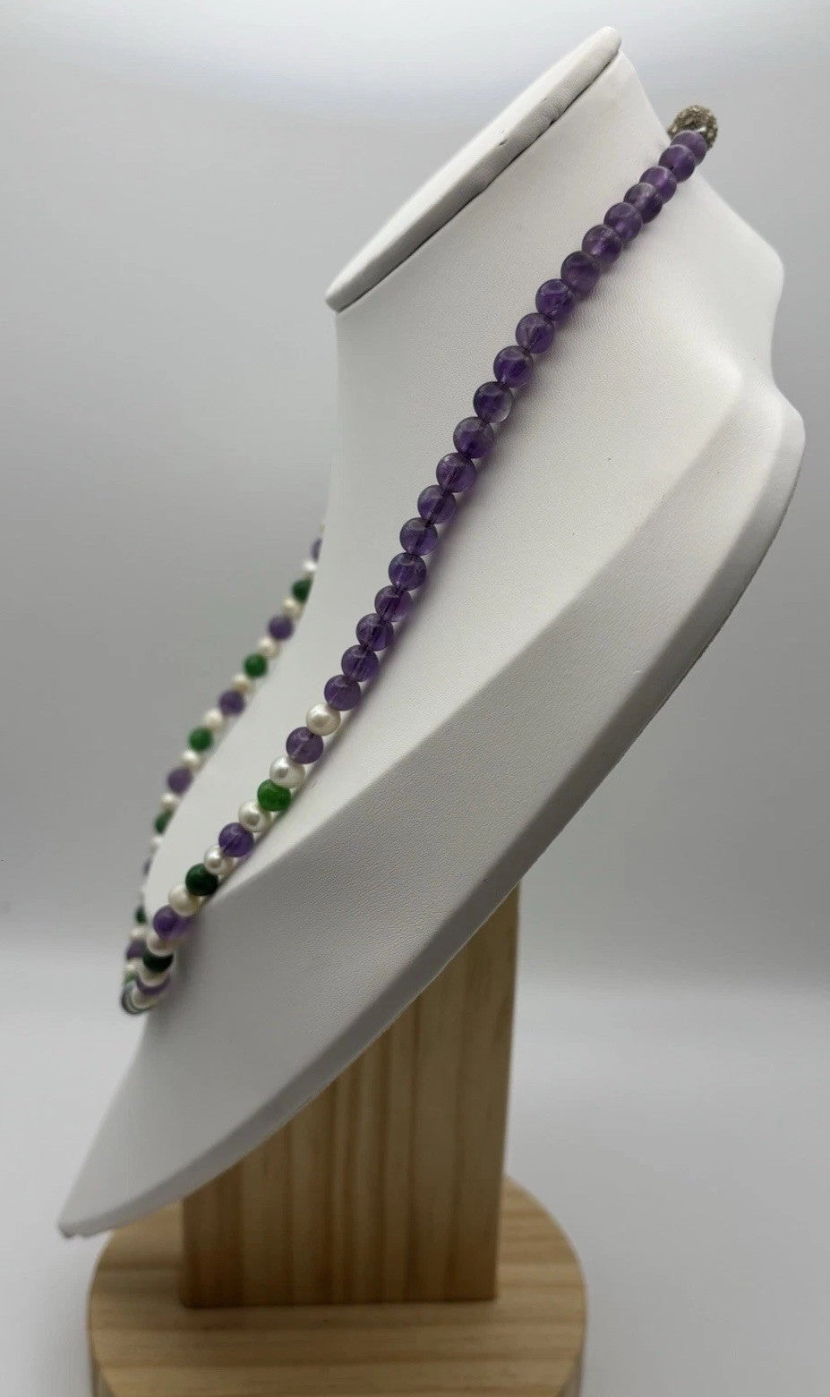 Vintage Amethyst Jadeite Pearl Necklace Pave Rhinestone Clasp Mid Century