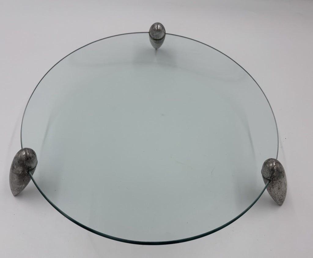 Vintage Modernist Glass Serving Tray Pewter Tone Feet Centrepiece Platter 27cm