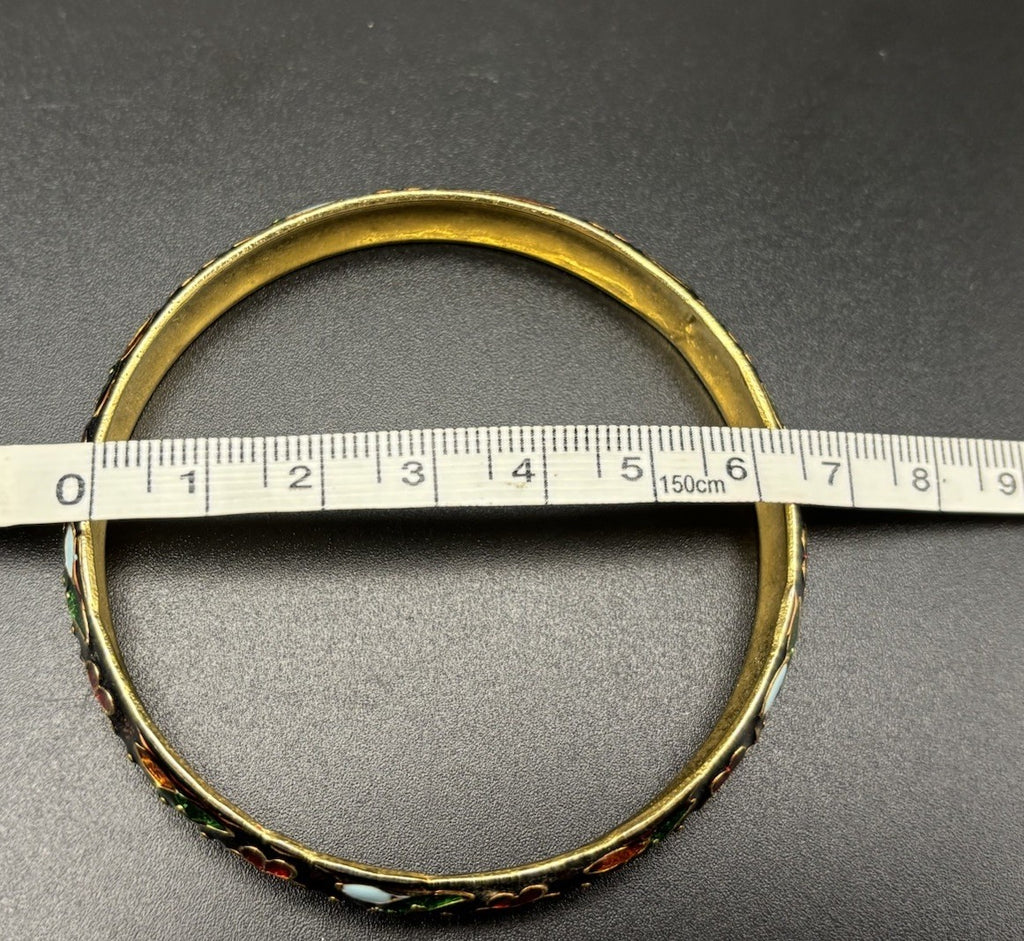 Vintage Cloisonne Enamel Bangles Floral Gold Tone Pair Collectible Asian Style