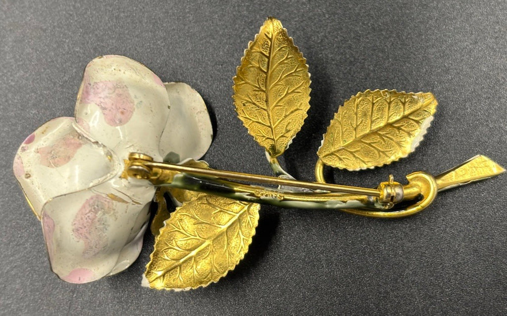 Rare Sandor Goldberger Pink Enamel Rose Brooch Pin Gold Tone Vintage