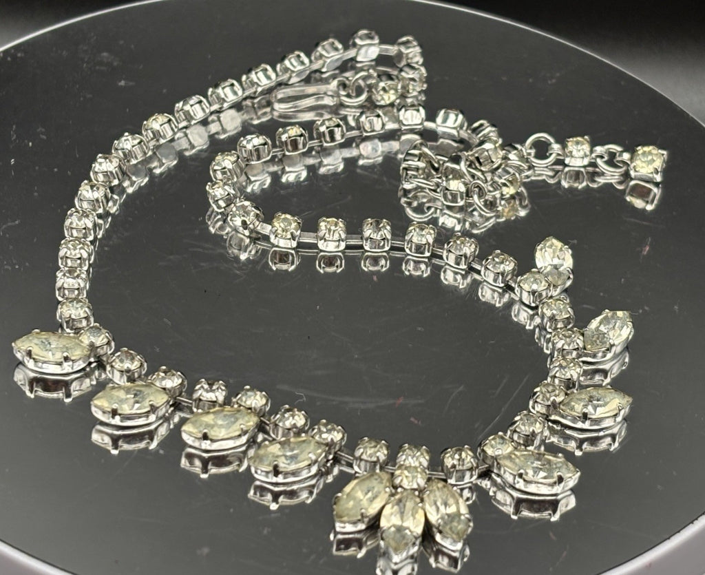 Vintage Rhinestone Necklace Silver Tone Marquise Drop Elegant Mid Century
