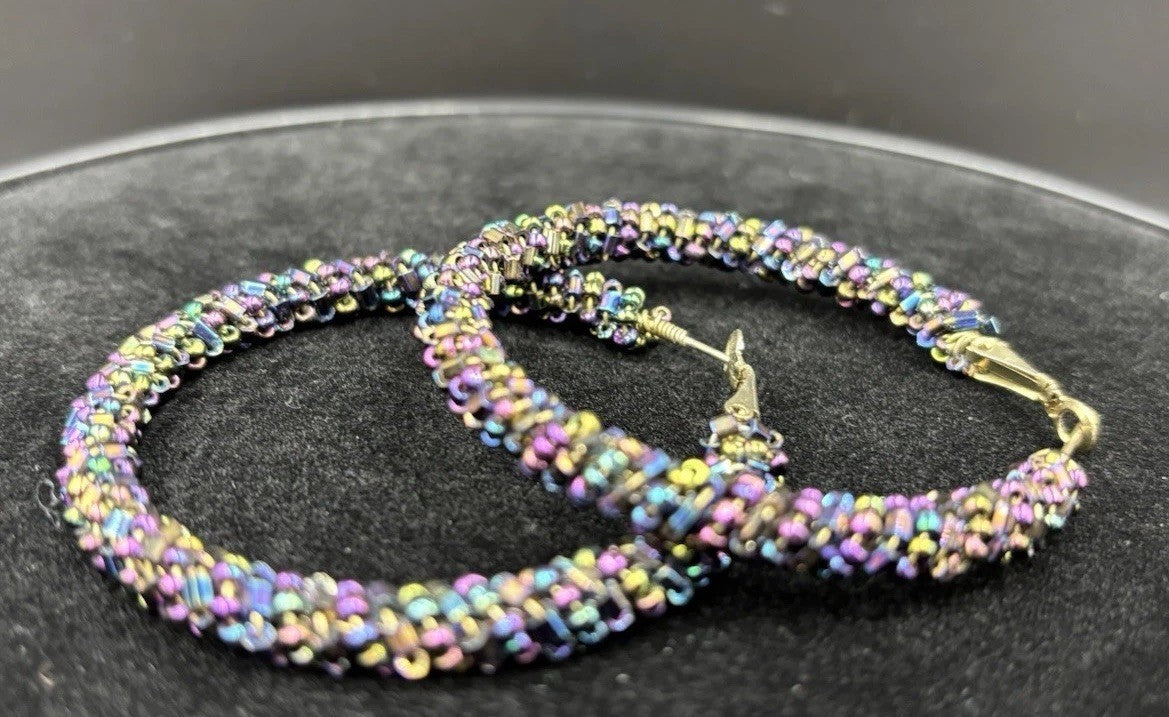 Vtg Earrings Kumihimo Beaded Peacock Earrings Large Multicoloured. ￼