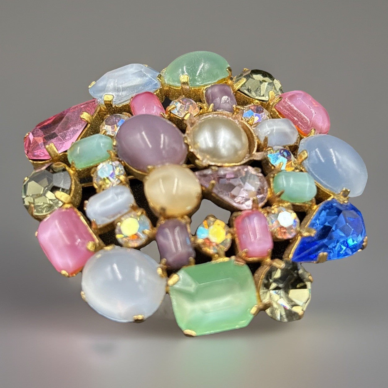 Vintage Fruit Salad Brooch – Multicolour Glass Cabochons & Rhinestones