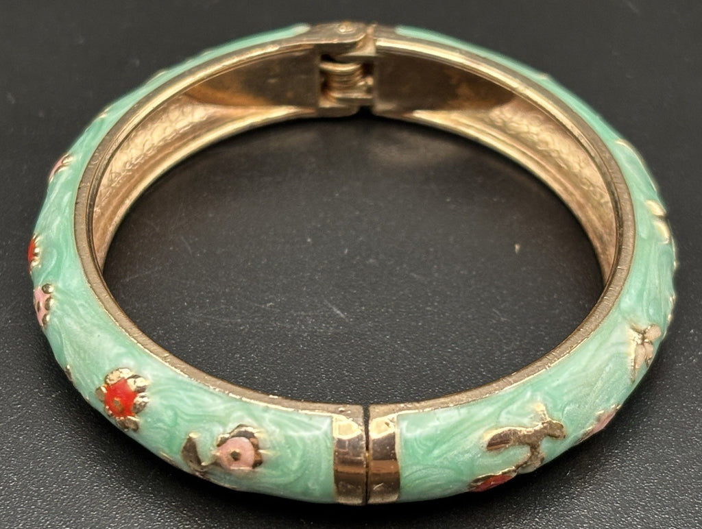 Cloisonne Enamel Baby Bangle Floral Gold Tone Hinged Child Small Size