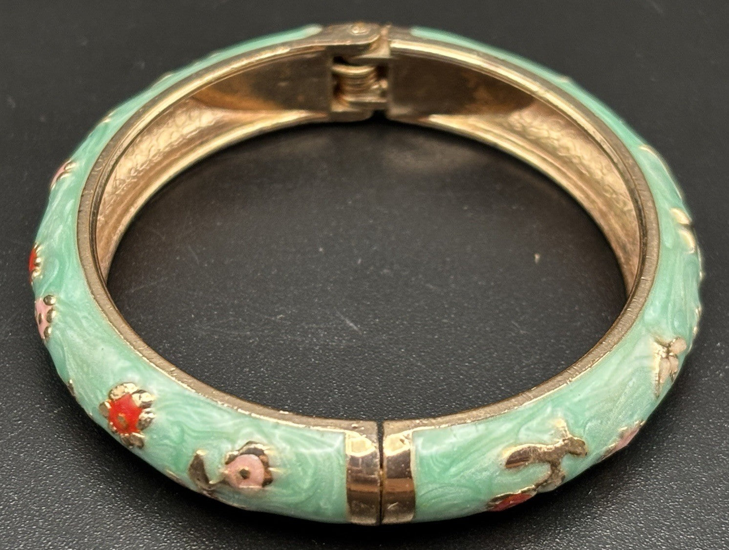 Cloisonne Enamel Baby Bangle Floral Gold Tone Hinged Child Small Size