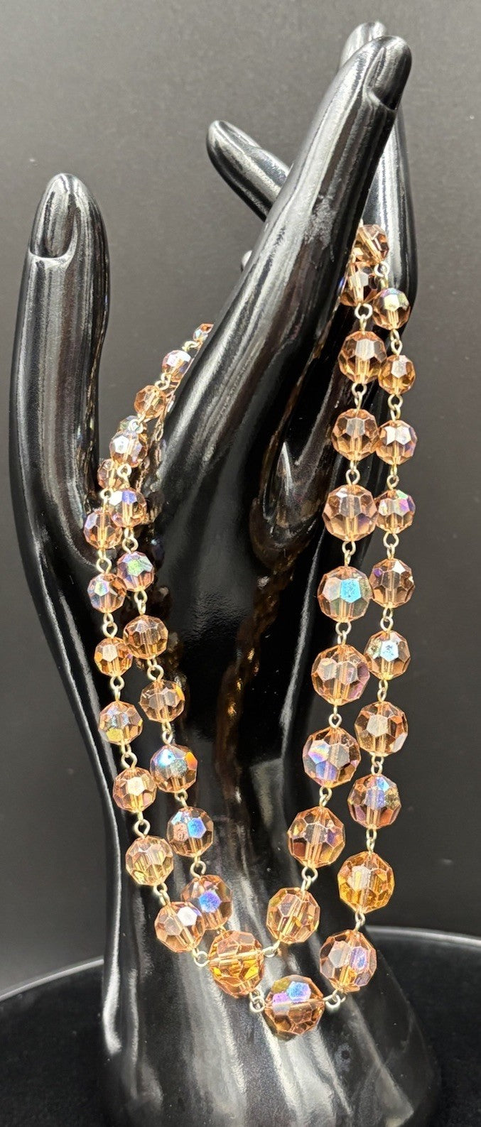 Vtg Aurora Borealis Champagne Crystal Necklace & Clip On Earring Set Gold Tone