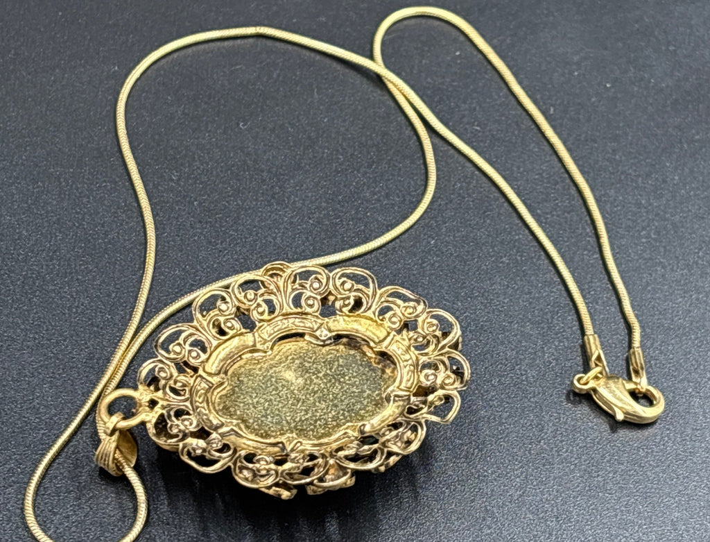 Antique Czech Uranium Glass Pendant Art Nouveau Brass Filigree Gold Filled