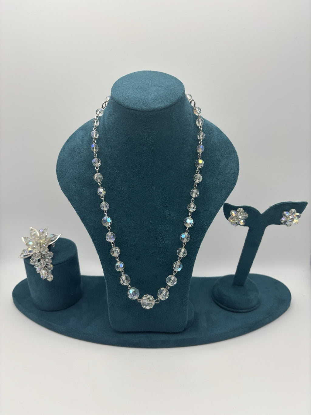 Vintage Aurora Borealis Crystal Parure Necklace Earrings Brooch Set 1950s