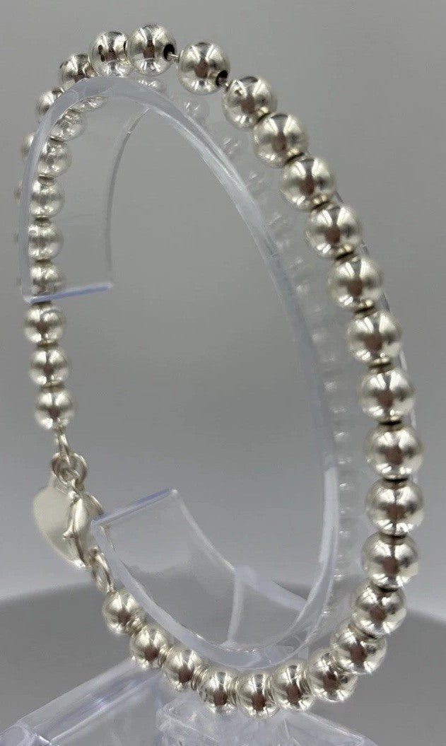 Vintage Sterling Silver Bead Bracelet with Heart Charm – 925 Ball Chain 19cm