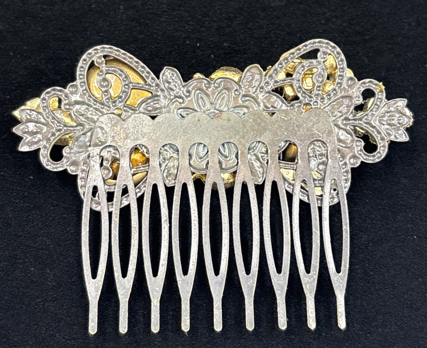 Vintage Blue Rhinestone & Art Glass Floral Hair Comb  Aurora Borealis Accents