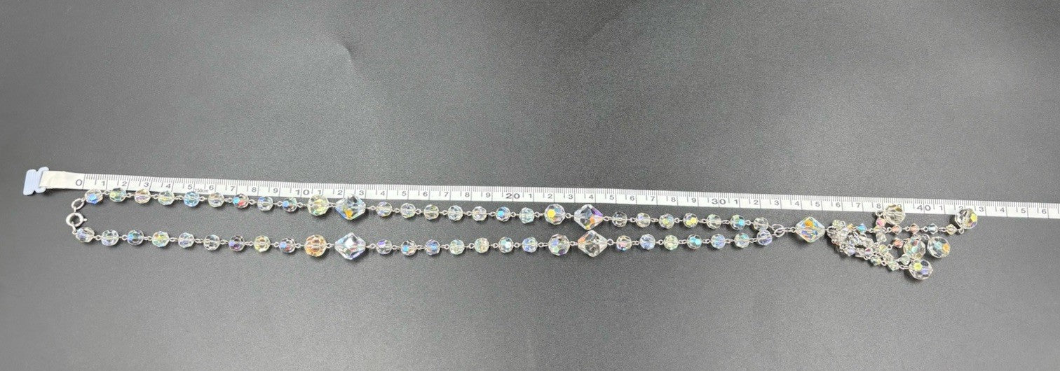 Vintage 1950s Aurora Borealis Crystal Necklace & Earrings Set Tassel Drop