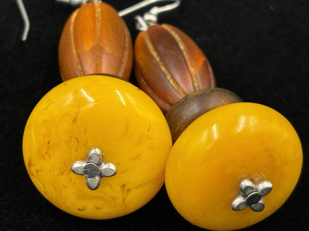 Vintage Casein Egg Yolk Earrings Chunky Marbled Butterscotch Tribal Boho Dangle