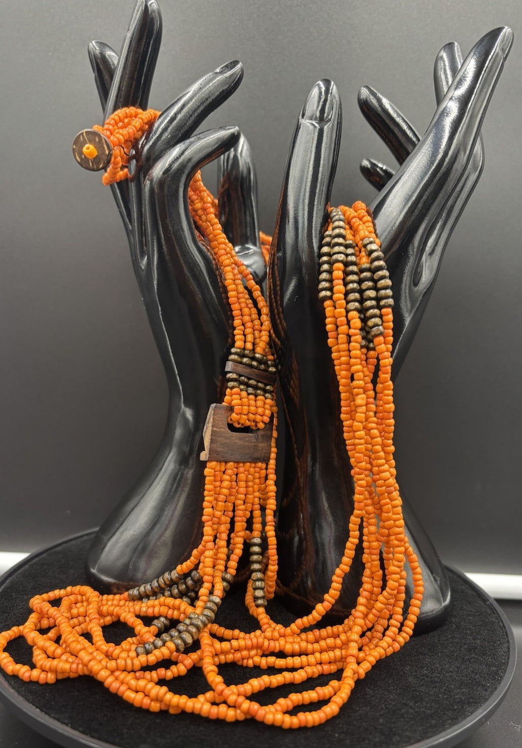 Vintage Tribal Orange Beaded Multi-Strand Necklace Wood Clasp Boho Ethnic