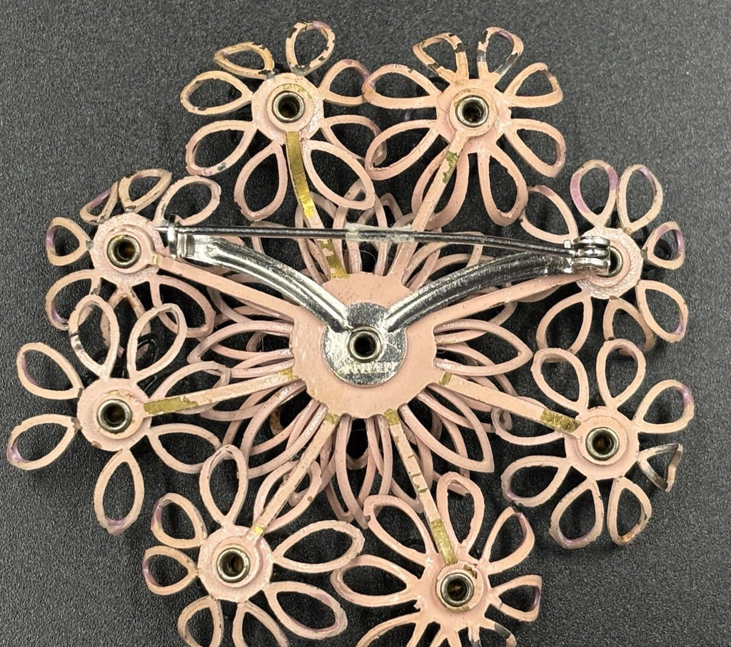 Vintage Kramer Brooch Pink Enamel Flower Openwork Rhinestone Signed