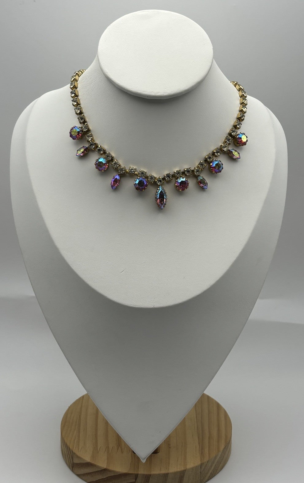 Vintage 1950s Aurora Borealis Rhinestone Choker Necklace Gold Tone Crystal Drops