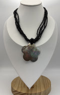 Vintage Mother of Pearl Flower Pendant Necklace Multi Strand Black Seed Beads