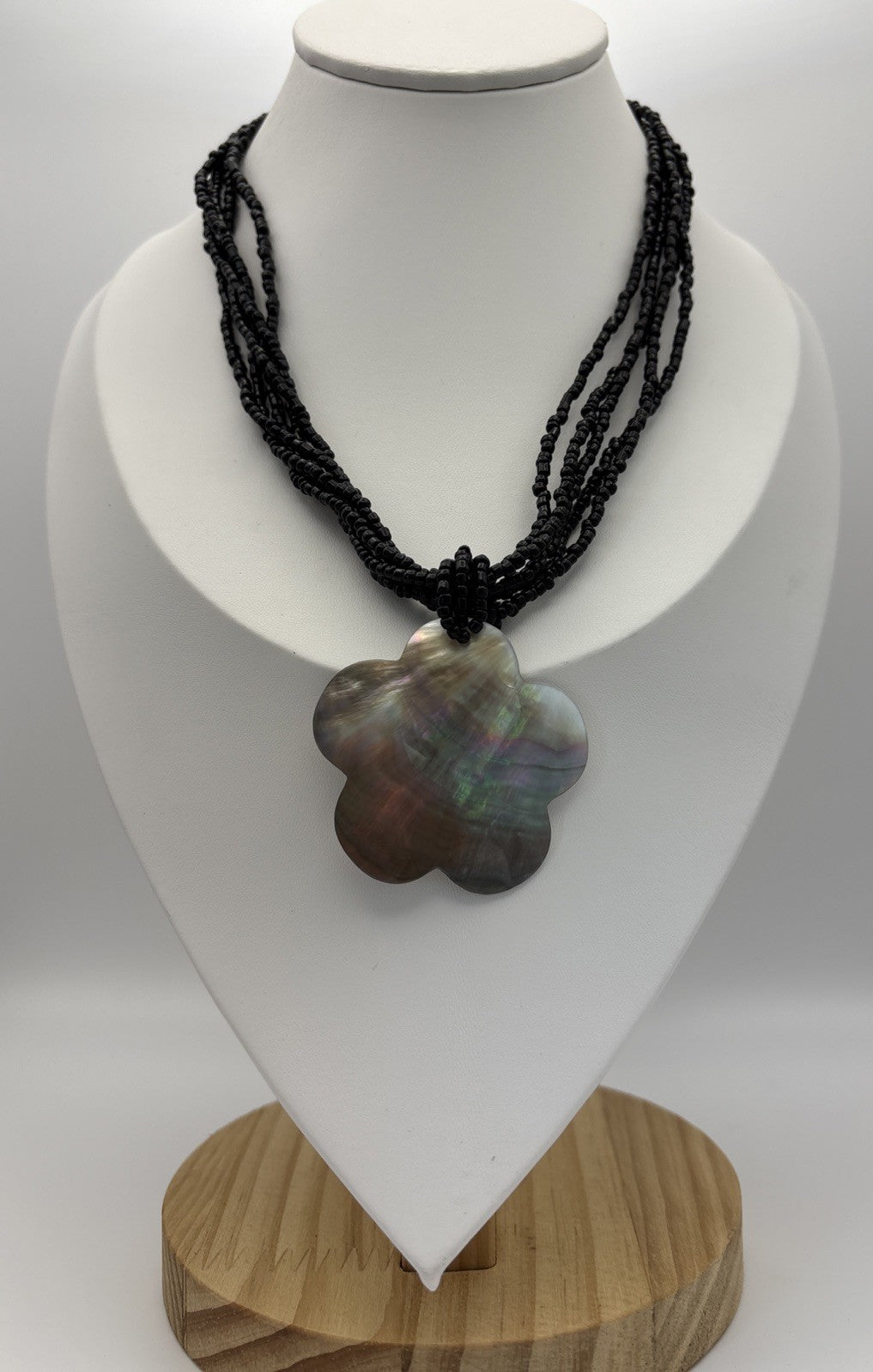 Vintage Mother of Pearl Flower Pendant Necklace Multi Strand Black Seed Beads