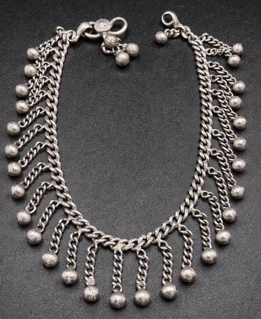 Vintage Sterling Silver Chain Anklet Choker Bells Charm Boho Tribal Jewelry