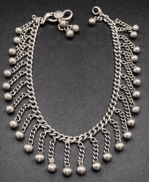 Vintage Sterling Silver Chain Anklet Choker Bells Charm Boho Tribal Jewelry