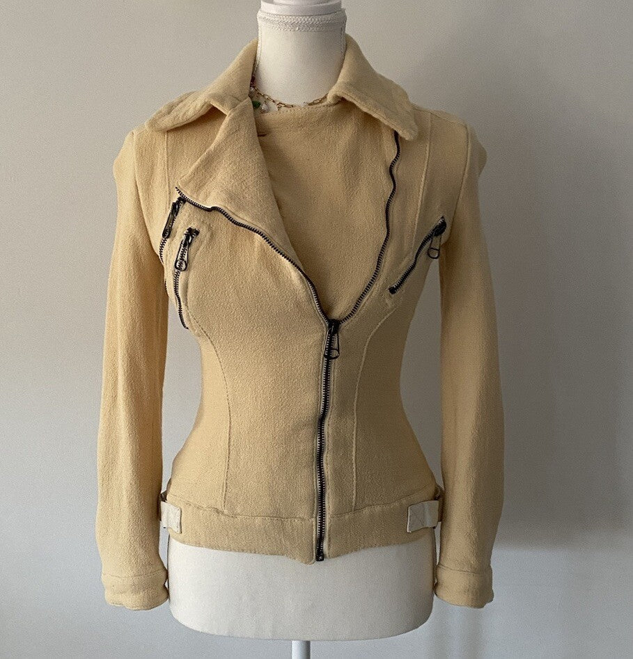 RARE Versus Versace Italian Wool Moto Jacket Ivory Asymmetric Zip Y2K Designer