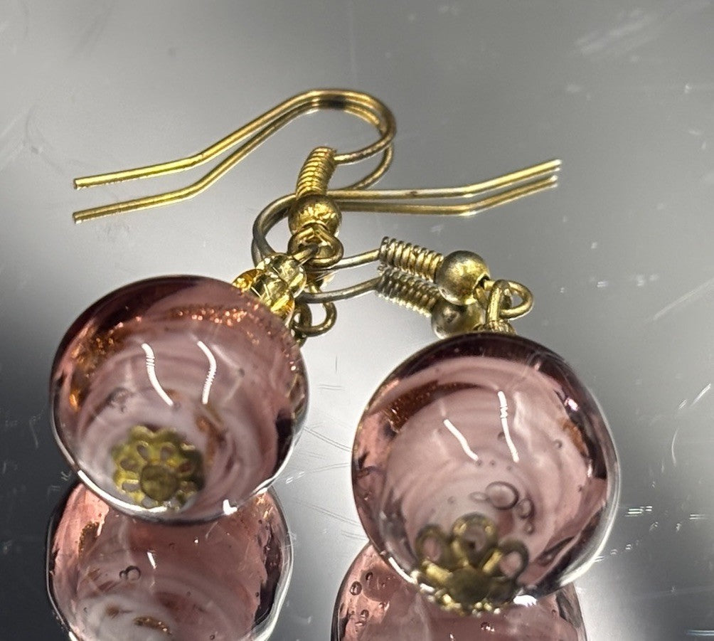 Vtg Venetian Murano Glass Bead Rose Foil Pink Gold Purple Jewellery Set “Italy”