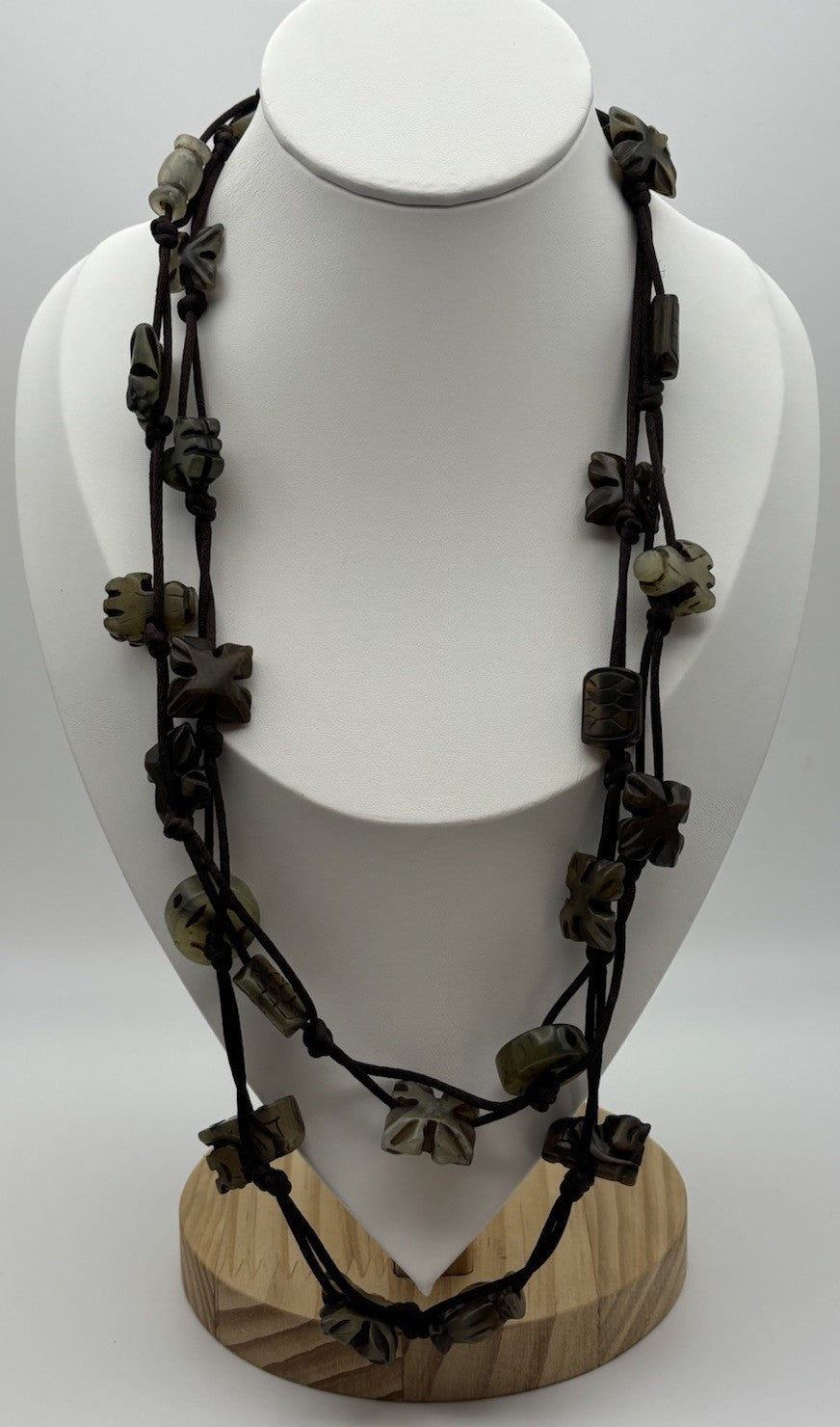 Vintage Serpentine Stone Necklace Carved Tribal Folk Beads Multi Strand Jewelry