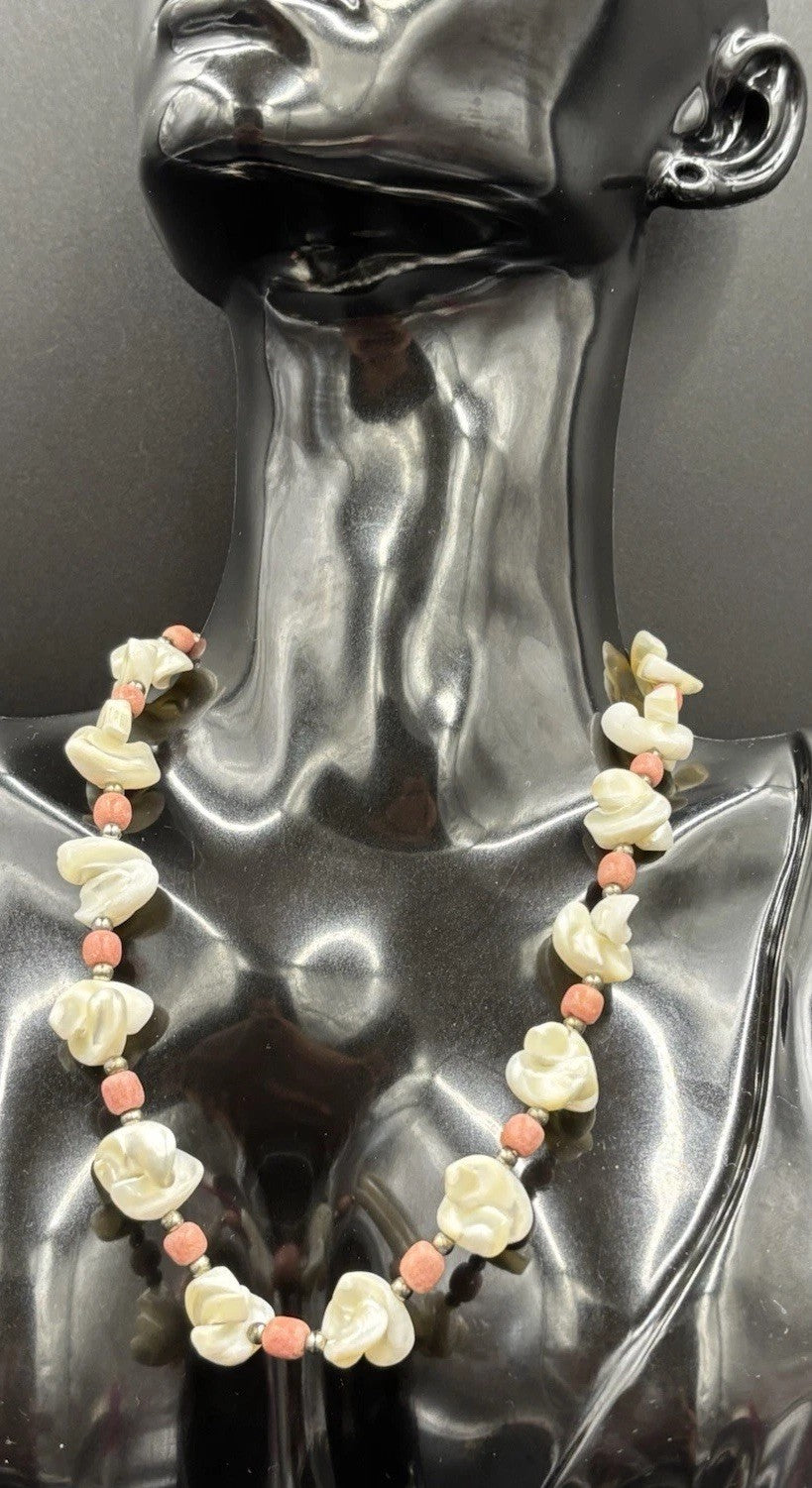Vintage baroque pearl pink coral bead necklace organic shell design