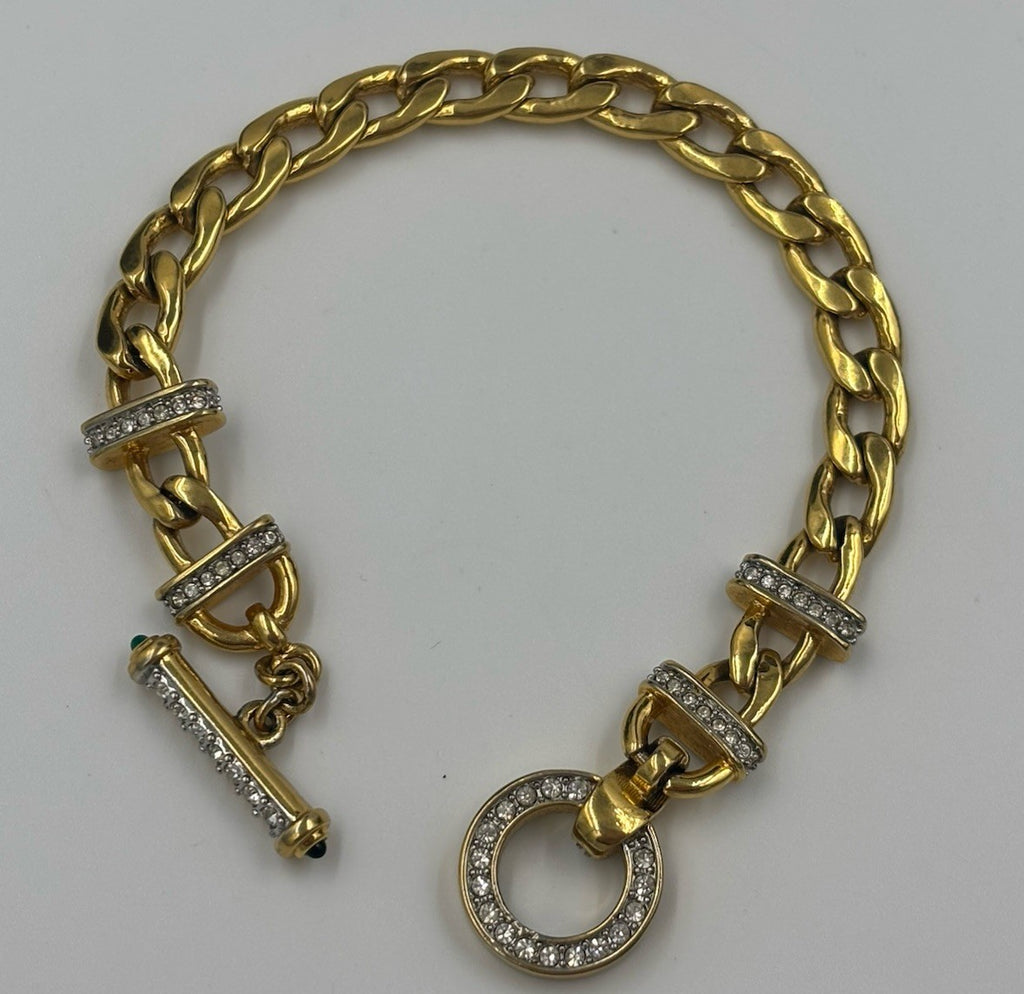 Vintage Gold Tone Statement Chain Bracelet Crystal Pavé Toggle 19cm