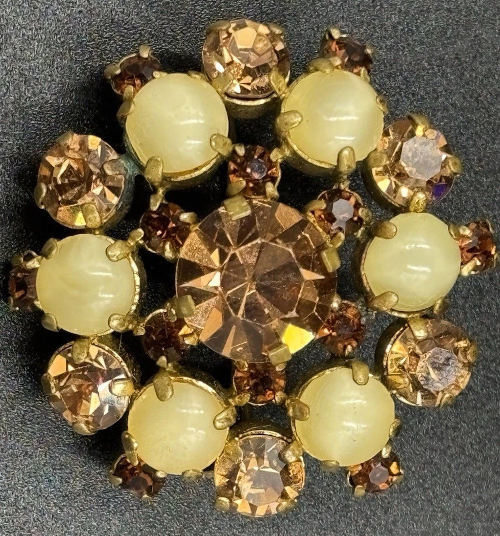 Vintage Amber Rhinestone & Yellow Cabochon Brooch Unsigned