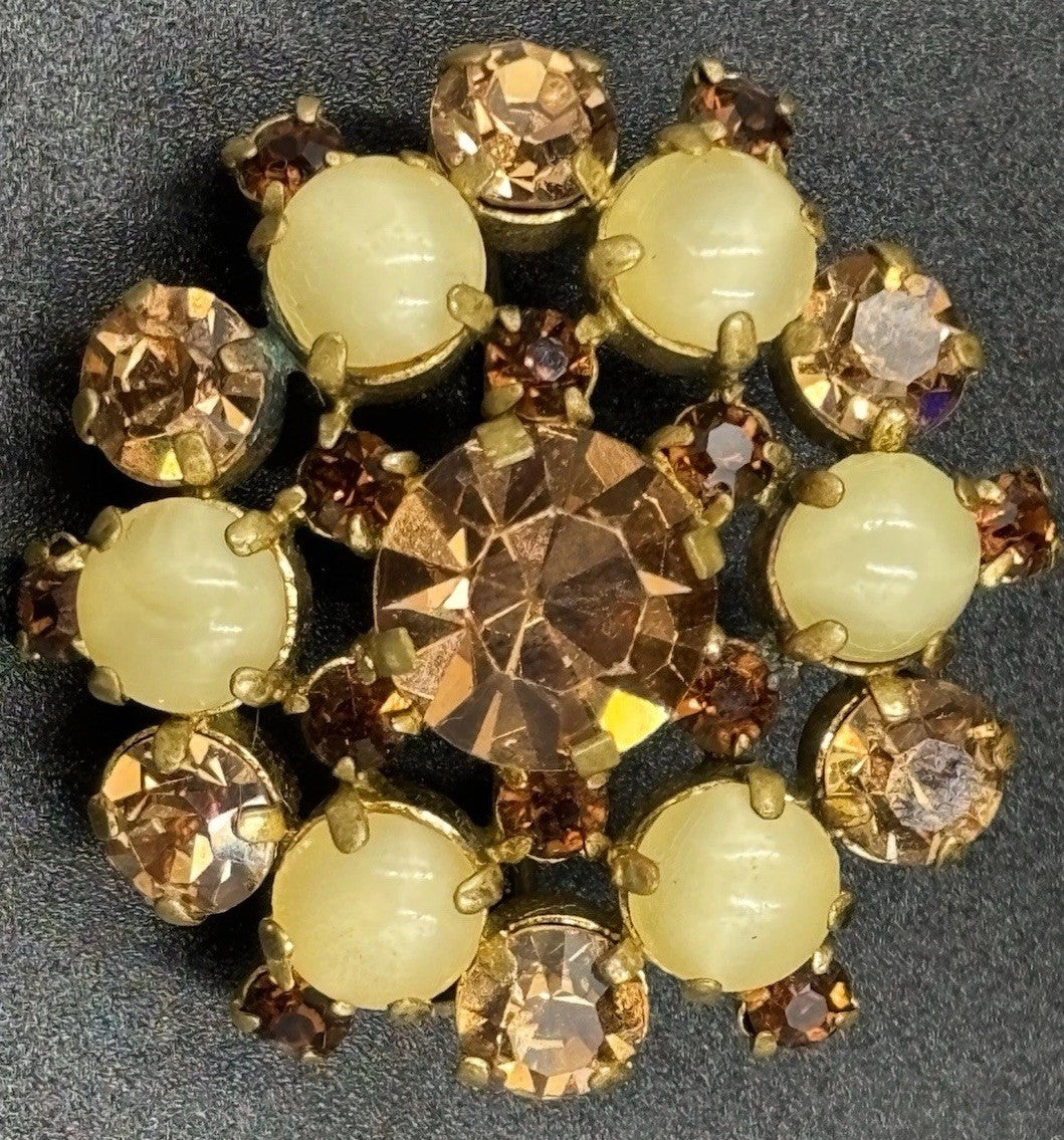 Vintage Amber Rhinestone & Yellow Cabochon Brooch Unsigned