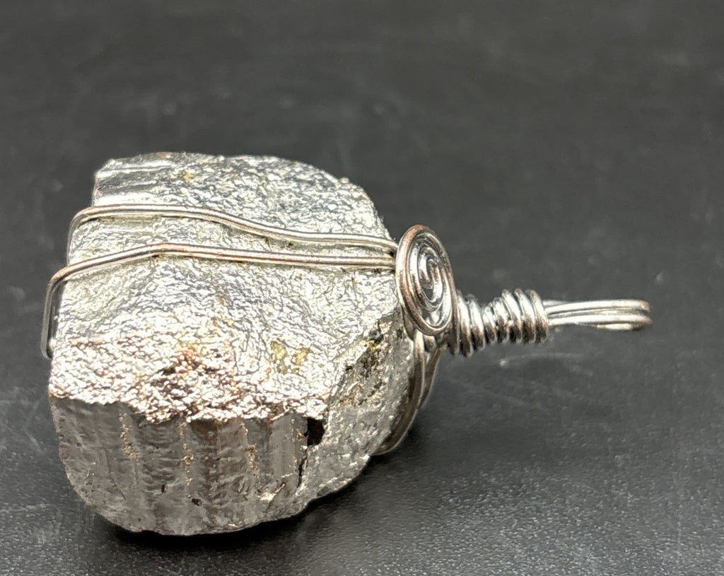 Vintage Natural Raw Pyrite Crystal Nugget Wire Wrapped Pendant Mineral Specimen