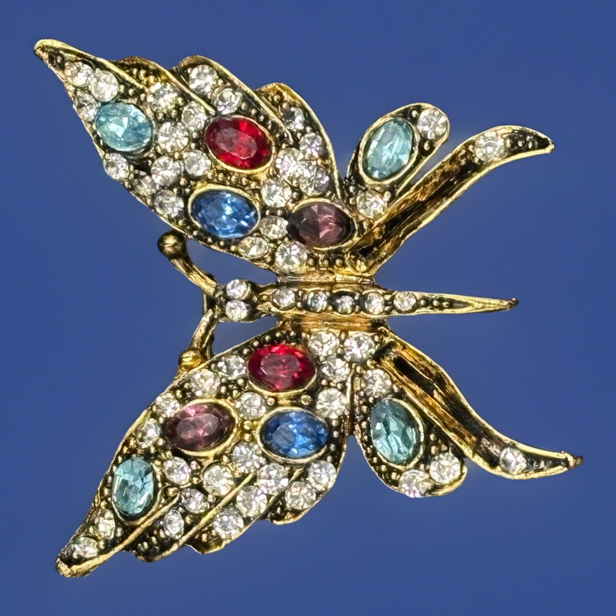Vintage Gold Tone Butterfly Rhinestone Brooch Multicolour Glass